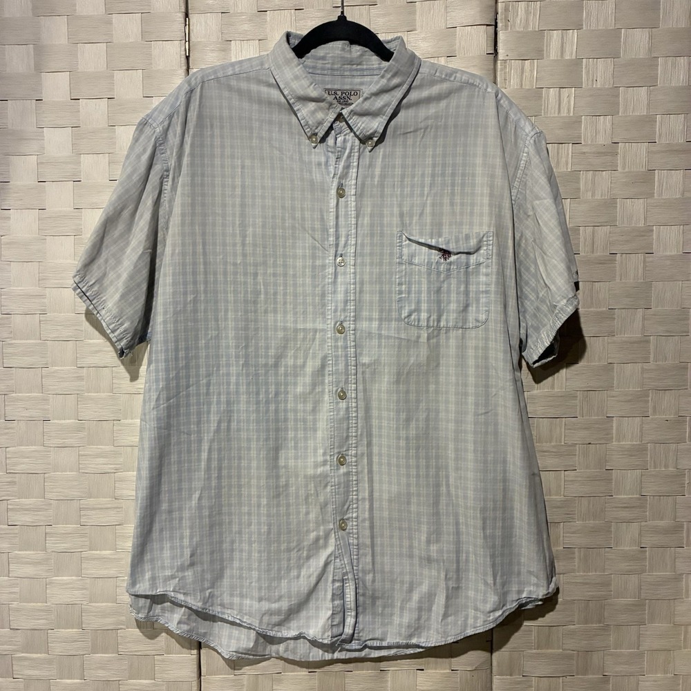 US Polo Assn Mens XL Short Sleeve Button Down Shirt Light Blue White Plaid